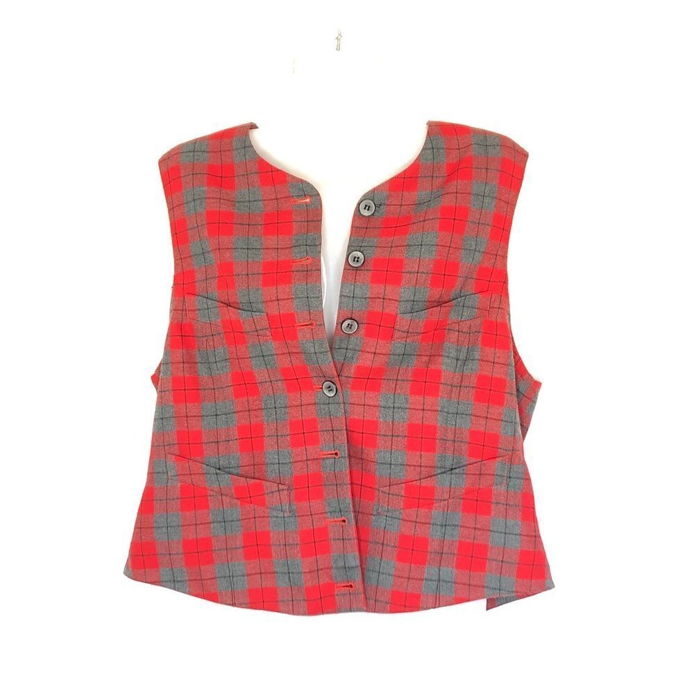 UGLY SWEATER VEST - Chaus Christmas Plaid Vest Red and Grey Flannel
